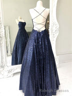Shiny Backless Navy Blue Long Shiny Open Back Navy Blue Long Prom Dresses