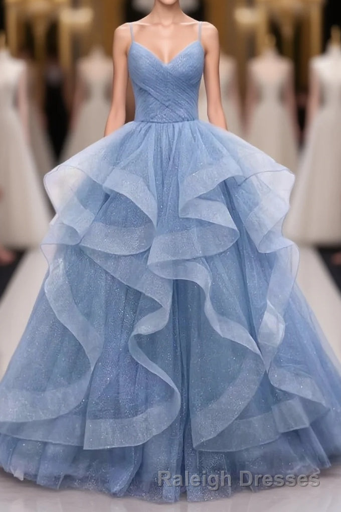 Shiny Blue Tulle A-Line Spaghetti Straps Long Prom Dresses Main image