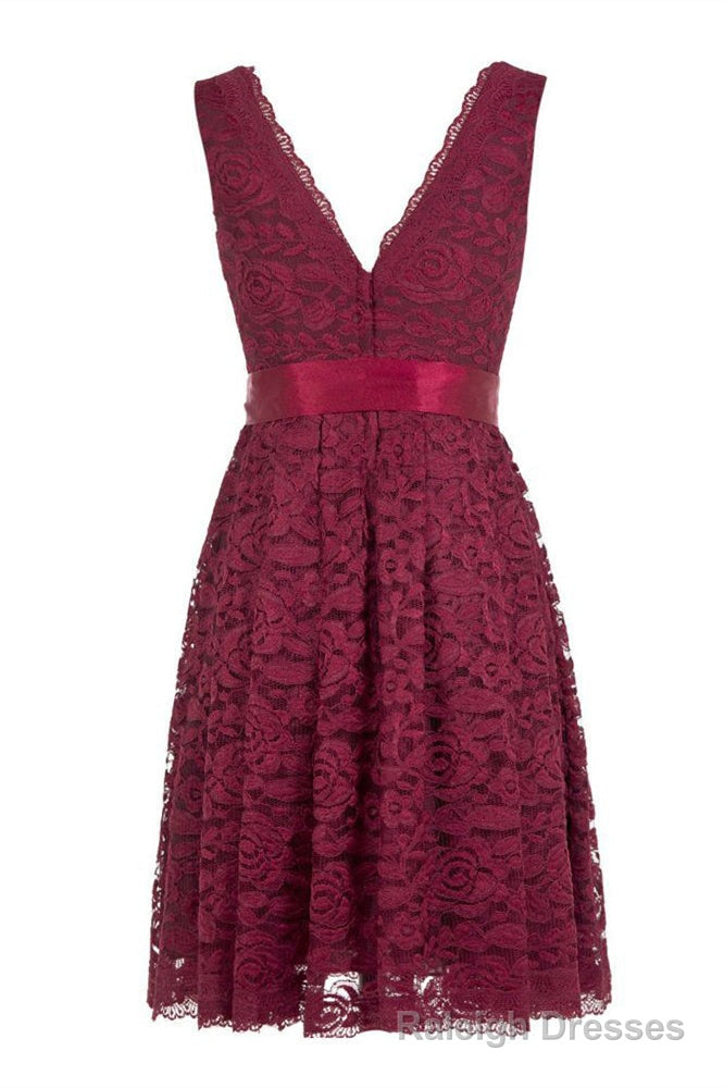 Short V Neck Burgundy Lace Bridesmaid Dress with Sash Secondary image
