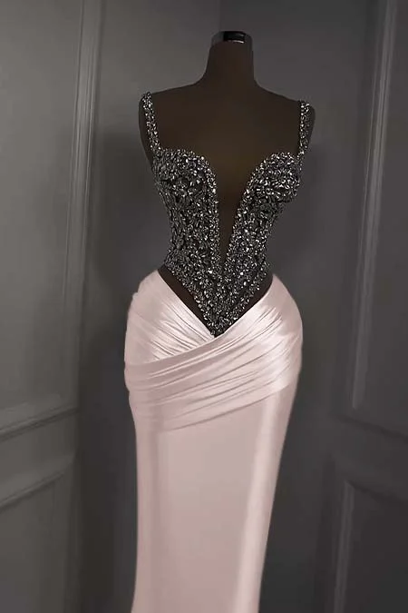 Silver Beads Deep V-Neck Pleats Mermaid Sparkle Prom Dresses