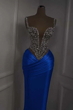 Silver Beads Deep V-Neck Pleats Mermaid Sparkle Prom Dresses
