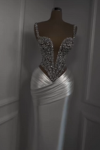 Silver Beads Deep V-Neck Pleats Mermaid Sparkle Prom Dresses
