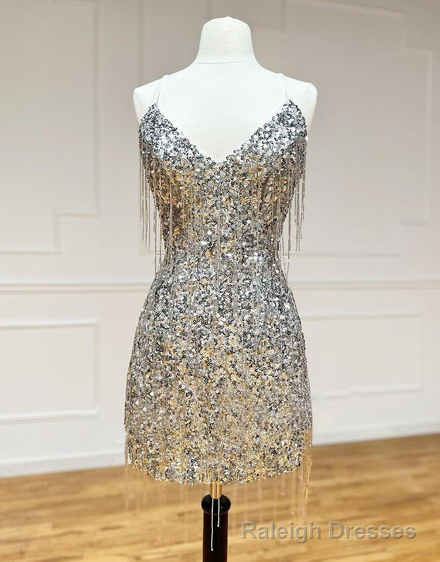 Silver V-Neck Glitter Sequin Homecoming Dress With Tassel Main image