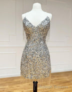 Silver V-Neck Glitter Sequin Homecoming Dress With Tassel