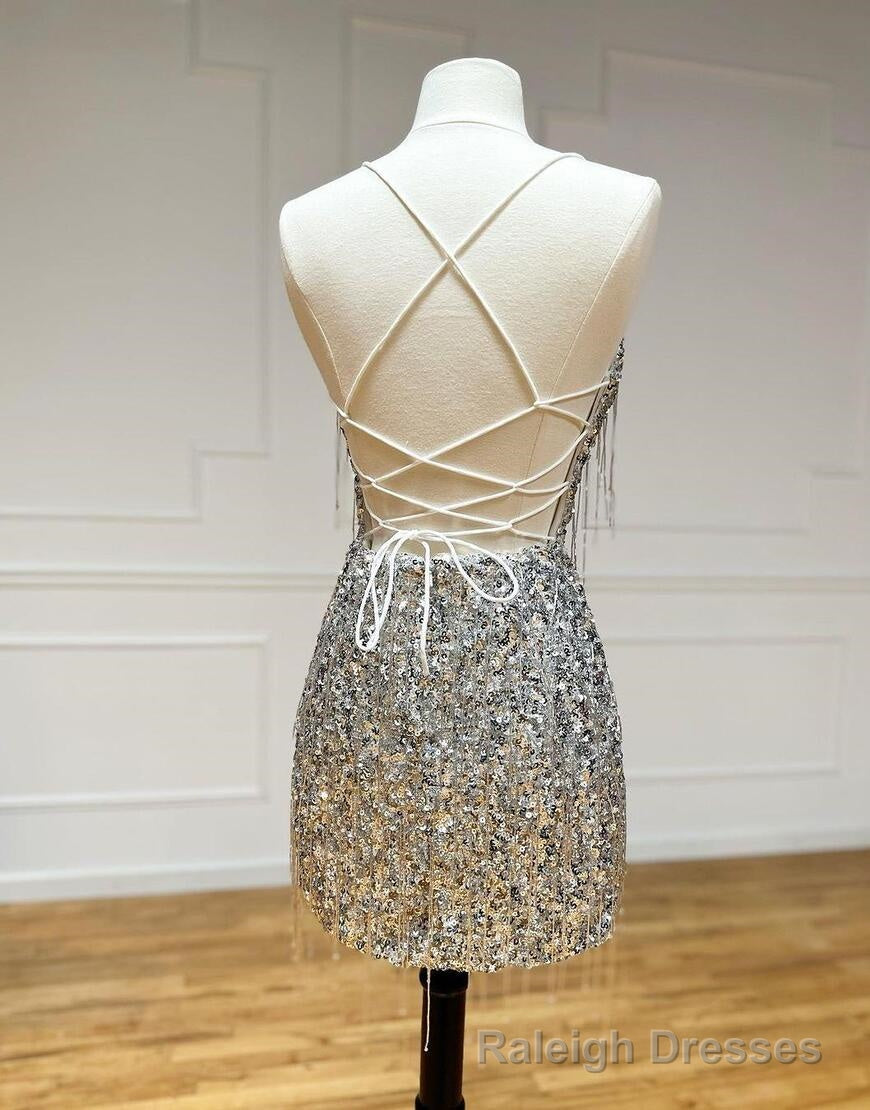 Silver V-Neck Glitter Sequin Homecoming Dress With Tassel