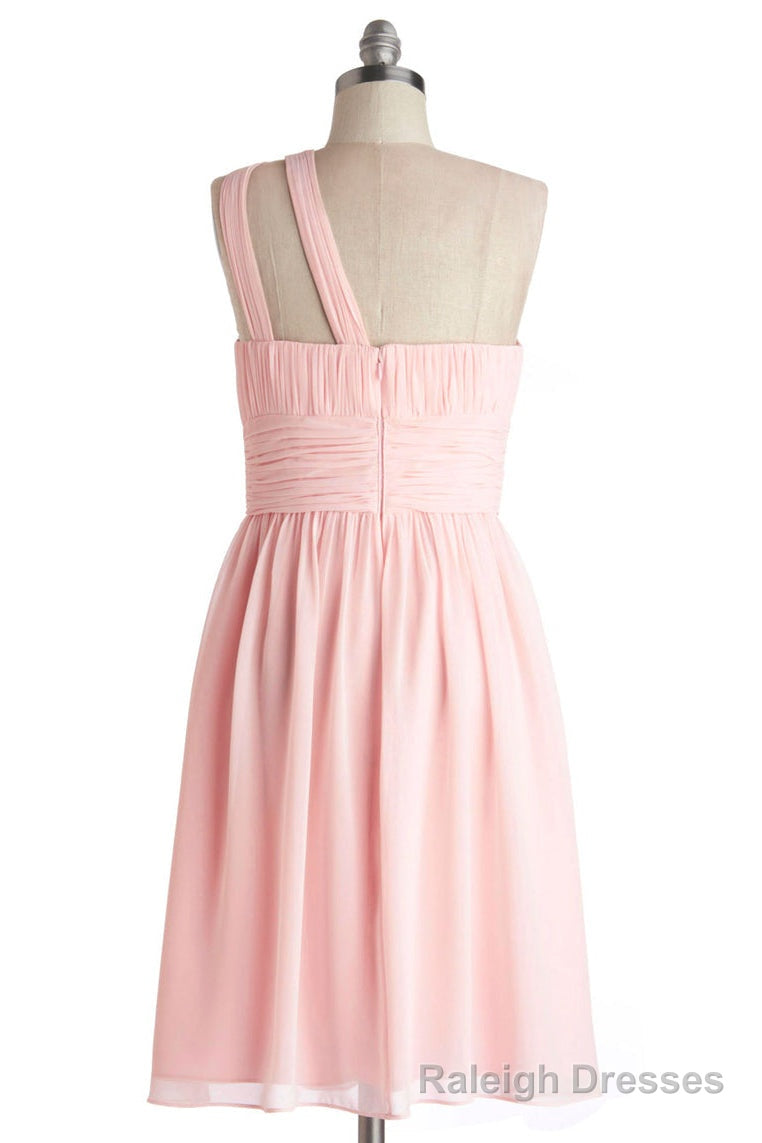 Simple A Line One Shoulder Short Pink Chiffon Bridesmaid Dress