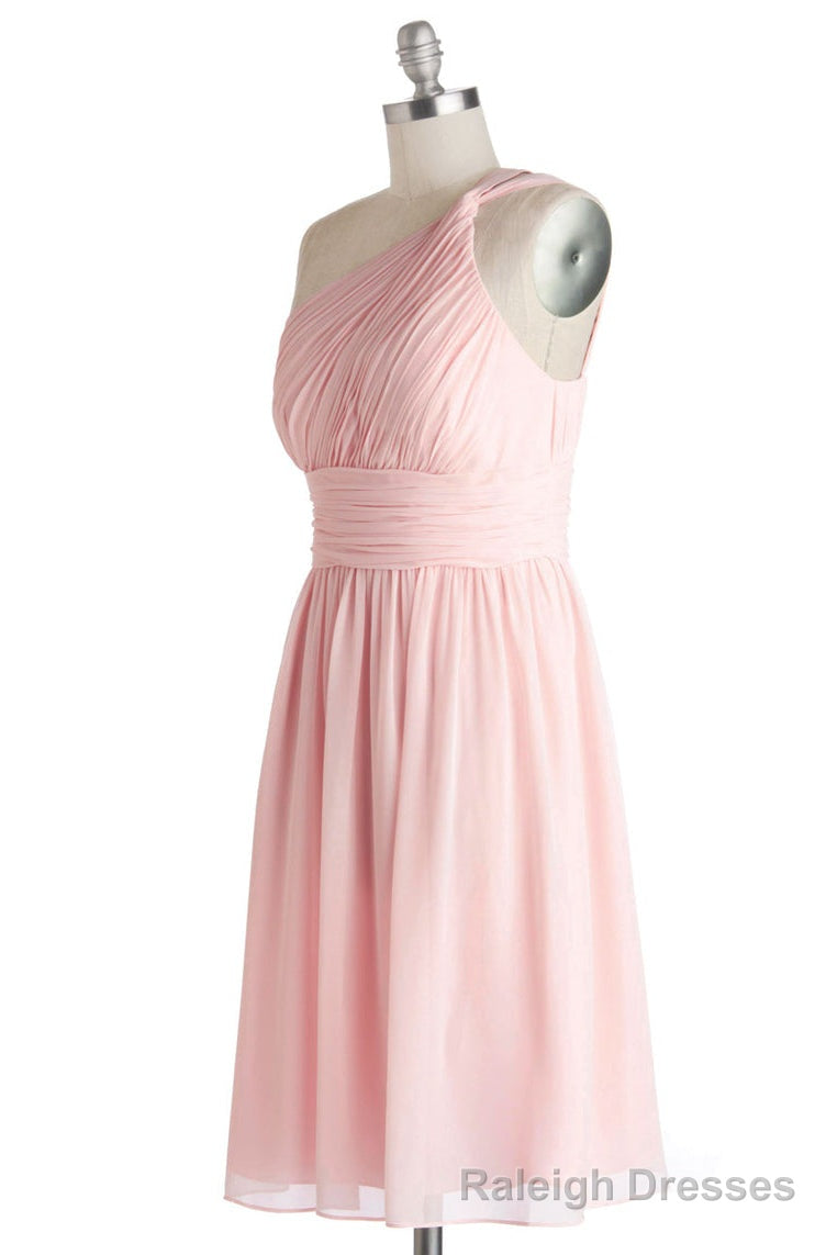 Simple A Line One Shoulder Short Pink Chiffon Bridesmaid Dress