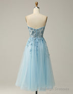 Sky Blue A-Line Tea Length Strapless Party Dress With Beading