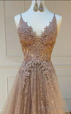 modest tulle V Neck A Line long lace prom dress formal Prom Gown
