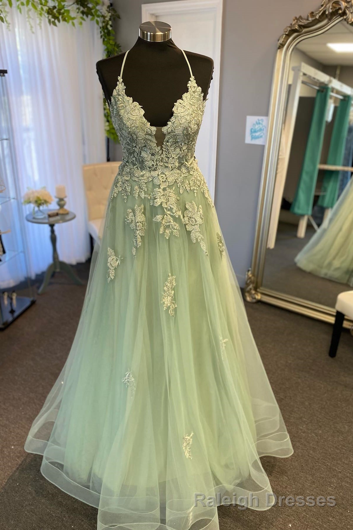 Straps Sage Green Appliques A-line Long Formal Dress Main image