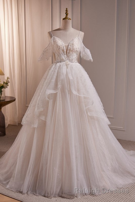 Elegant Tulle Spaghetti Straps Ball Gowns Wedding Dress with Beads