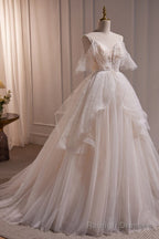 Elegant Tulle Spaghetti Straps Ball Gowns Wedding Dress with Beads