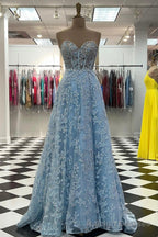 Sweetheart Neck Blue Lace Appliques Long Prom Dress, With Long Sleeves Blue Lace Floral Formal Graduation Prom Dress