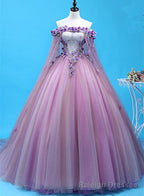 Light Purple Tulle Long Sweet 16 Gown, Flowers Quinceanera Dress