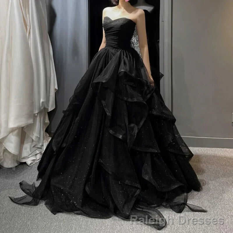 Black Elegant Party Prom Dresses Strapless Tiered Draped Ball Gown Formal Dress Women Robe Main image