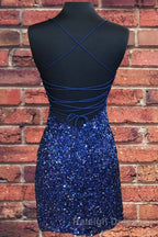 Lace-Up Navy Blue Tight Mini Prom Dresses