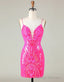 Sparkly Hot Pink Spaghetti Straps Tight Sequins Homecoming Dress