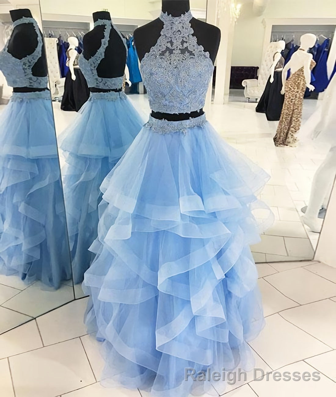 Two Pieces Blue Tulle Lace Long Lace Blue Prom Dresses Main image