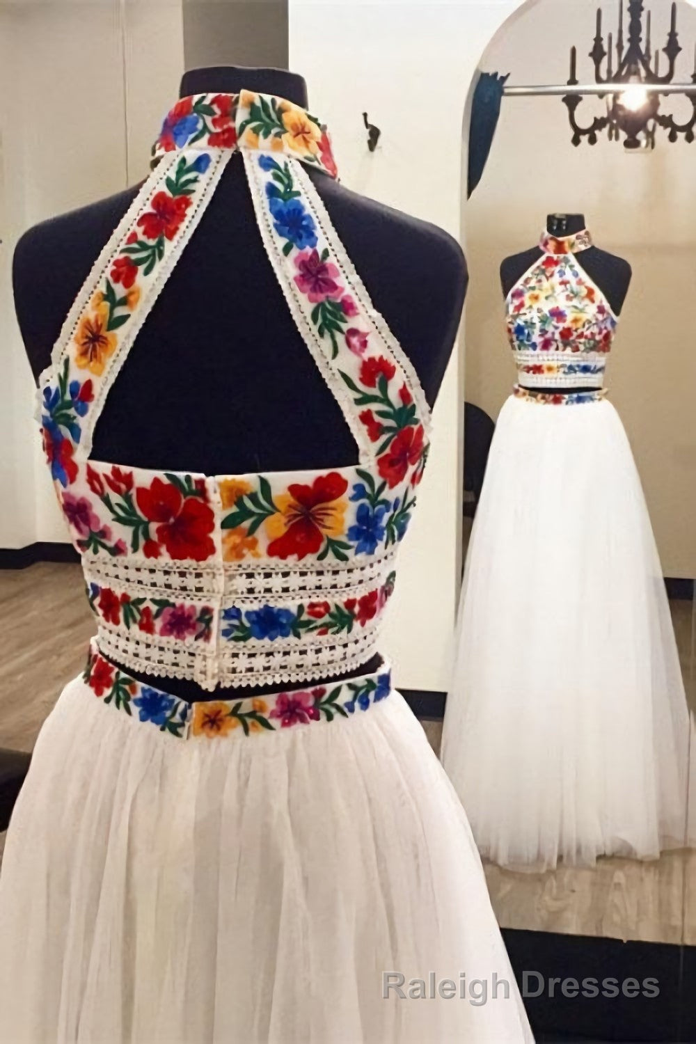 Two Pieces Embroidery Prom Dresses, Unique Halter Open Back Formal Dress With Tulle