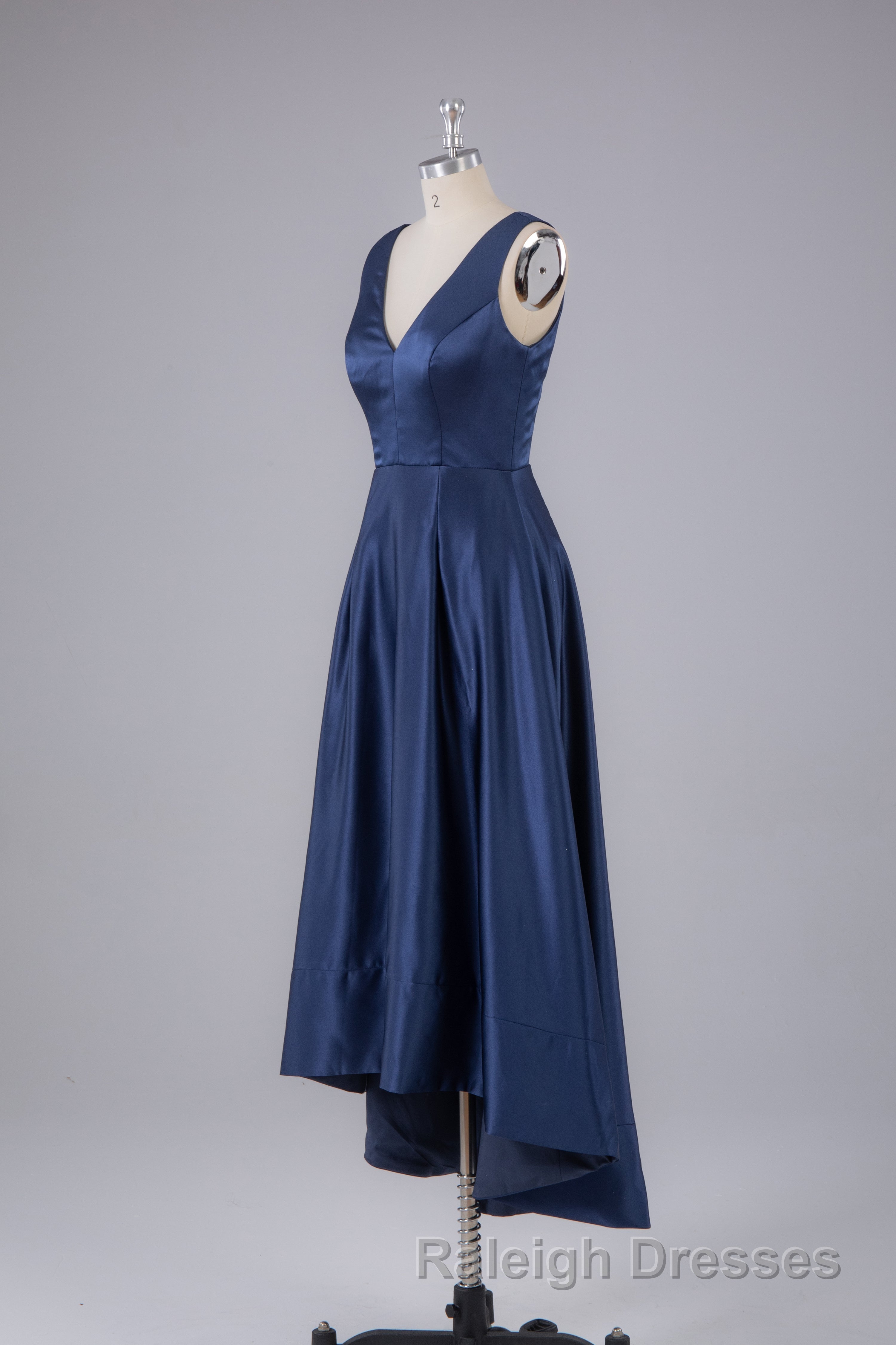 A Line Prom Satin V Neck High-Low Prom Dresses