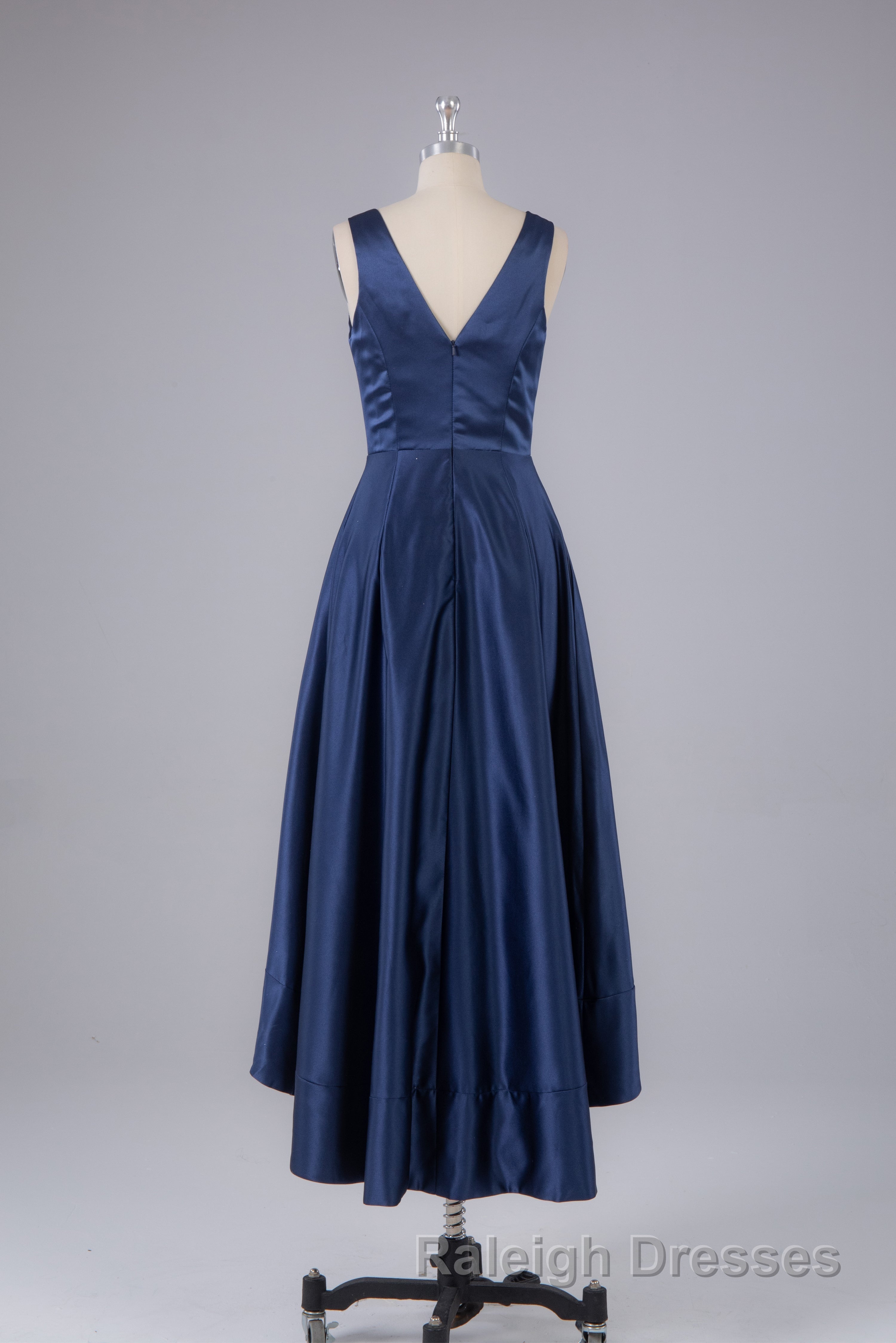 A Line Formal Satin V Neck High-Low Prom Dress