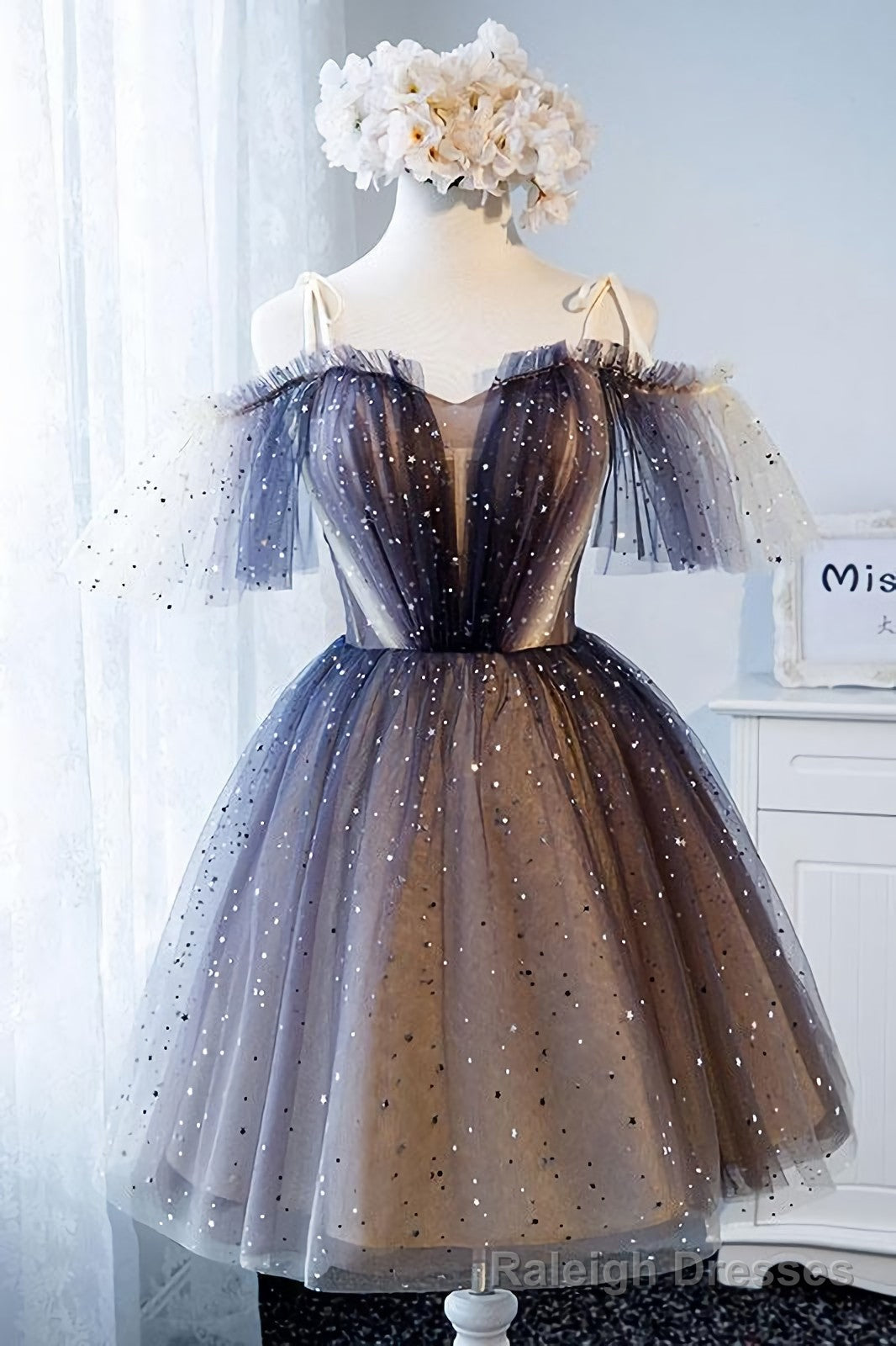 Unique Tulle Off The Shoulder Short Prom Dresses, Lace Up Homecoming Dresses Main image