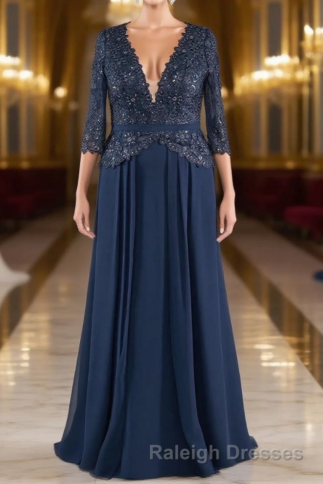 Navy V Neck Long Sleeves Lace Appliques Chiffon Prom Dresses