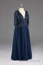 Navy V-Neck Long Sleeves Lace Appliques Chiffon Prom Dress
