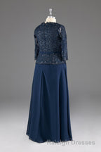 Navy V-Neck Long Sleeves Lace Appliques Chiffon Prom Dress