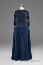 Navy V-Neck Long Sleeves Lace Appliques Chiffon Prom Dress