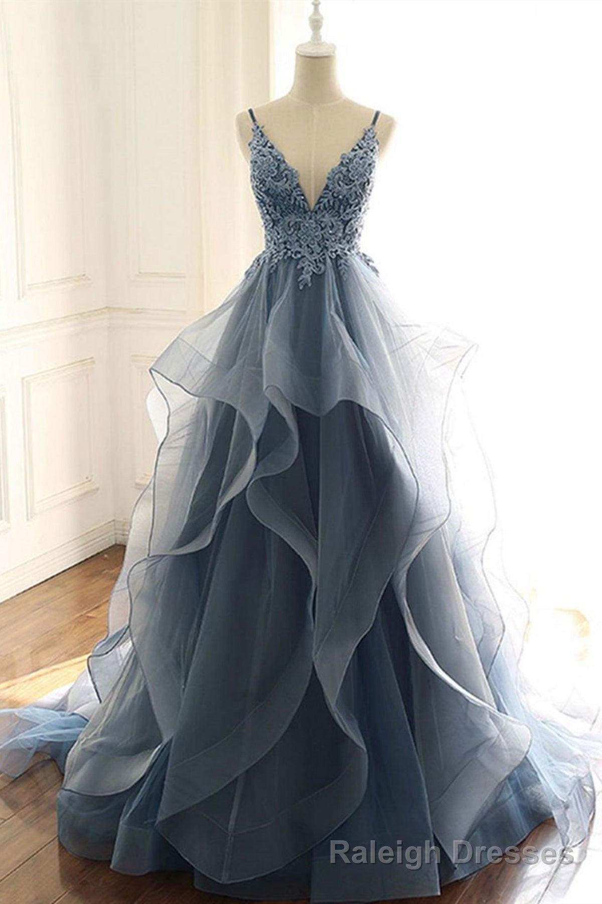 V Neck Blue Gray Lace Prom Dresses, Blue Gray Lace Formal Graduation Prom Gowns Main image