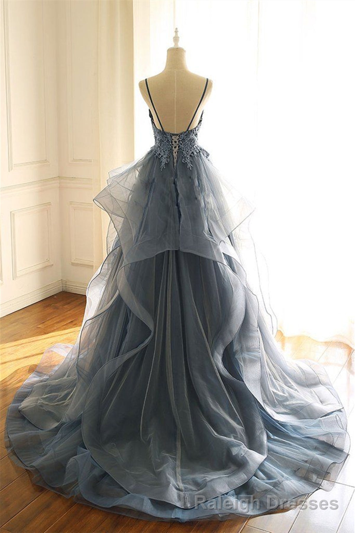 V Neck Blue Gray Lace Prom Dresses, Blue Gray Lace Formal Graduation Prom Gowns