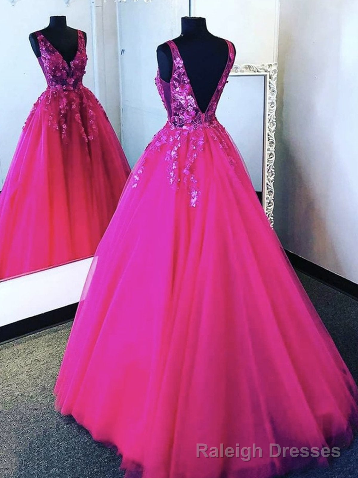V Neck Hot Pink Tulle Lace Backless Hot Pink Floral Prom Dresses Main image