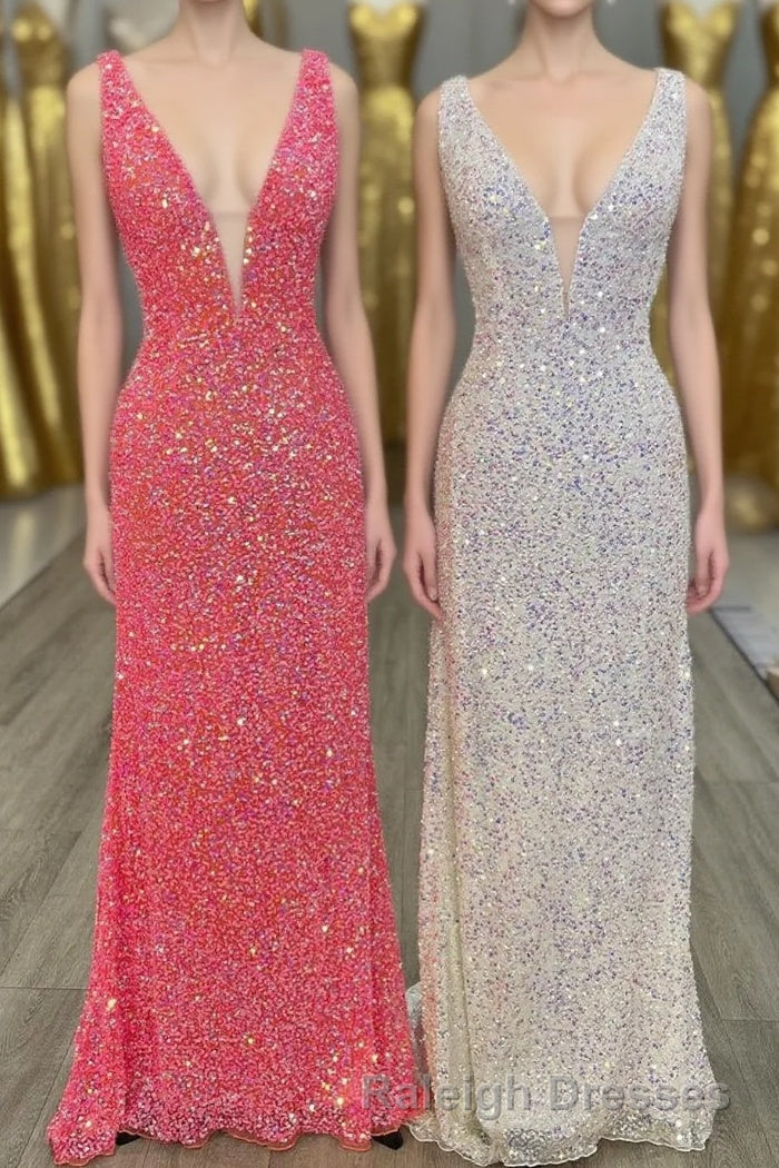 V neck Sequin Mermaid Long Prom Dresses