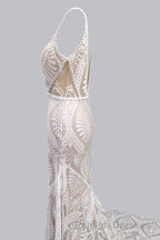 Elegant Spaghetti Straps V Neck Mermaid Lace Wedding Dresses