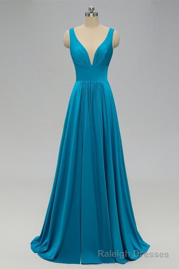 Elegant A-Line Sexy V Neck Gold Long Modest Side-Slit Blue Bridesmaid Dress Main image