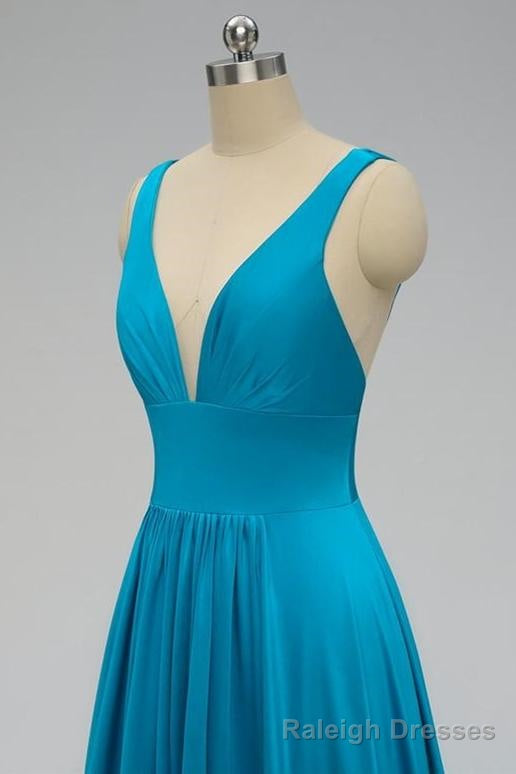 Elegant A Line Sexy V Neck Gold Long Modest Side-Slit Blue Bridesmaid Dress