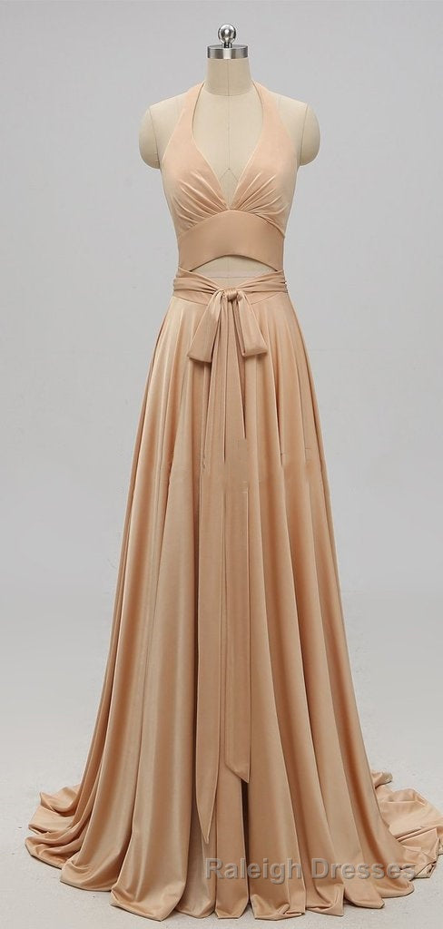 Elegant A Line V Neck Gold Long Modest Side-Slit Bridesmaid Dresses Secondary image