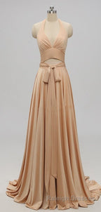 Elegant A Line V Neck Gold Long Modest Side-Slit Bridesmaid Dresses