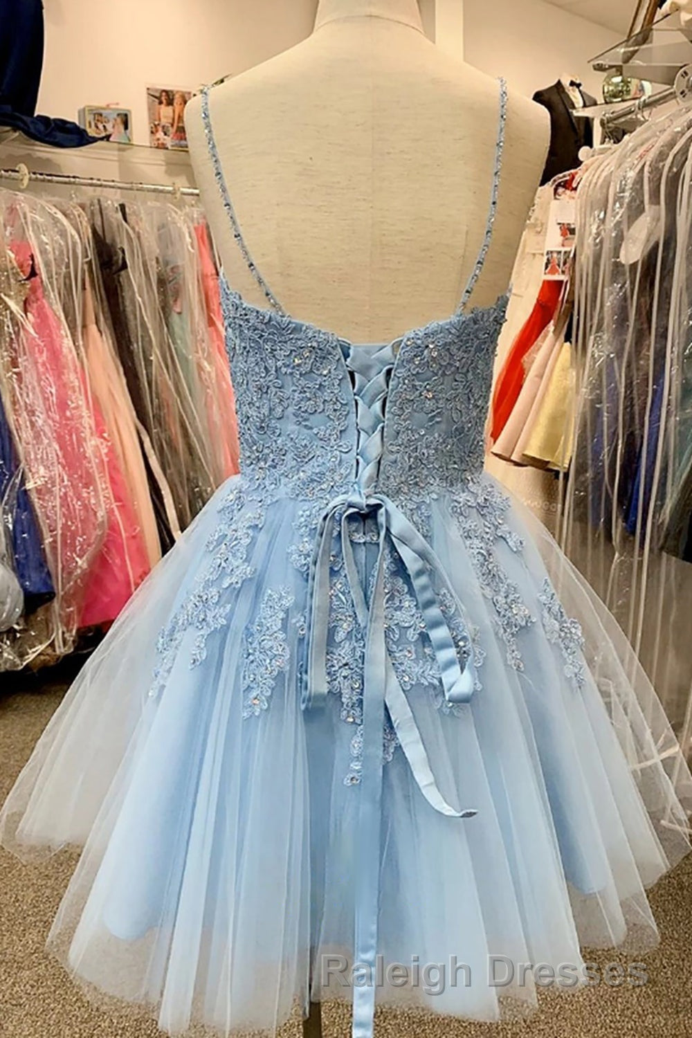 Blue Spaghetti Straps Homecoming Dress With Appliques Secondary image