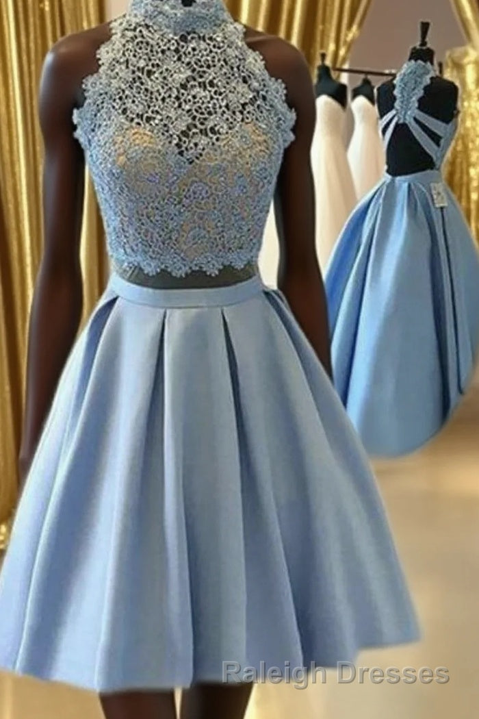 Halter Lace Blue Homecoming Dress