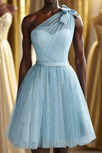 One Shoulder Blue Homecoming Dress With Bowknot