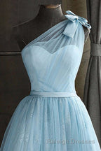 One Shoulder Blue Homecoming Dresses With Bowknot