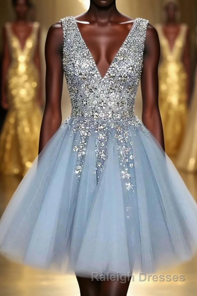 Blue V Neck Homecoming Dresses With Beadings Main image
