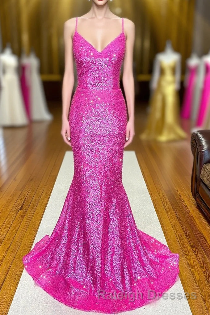 Fuchsia Mermaid Backless Sequined Prom Dress Main image