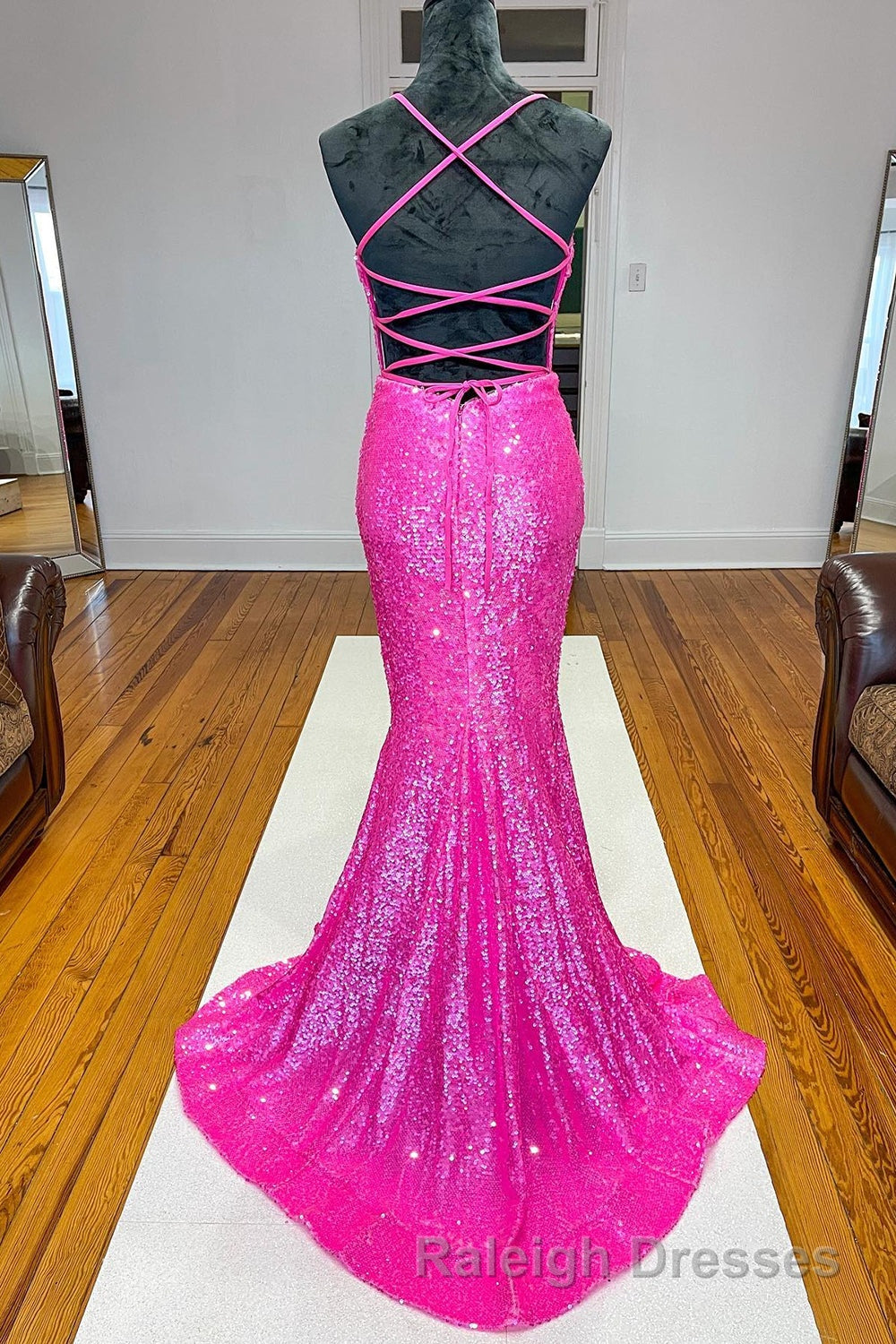 Fuchsia Mermaid Backless Sequined Prom Dresses