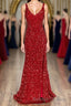 Sheath Spaghetti Straps Red Sequins Prom Dress with Split Front