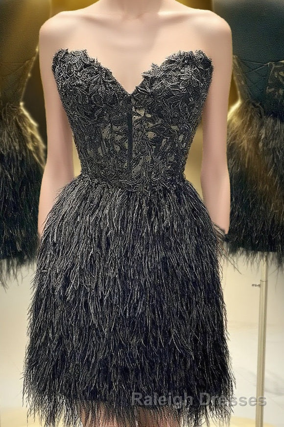 Black Lace Tight Short Homecoming Dress with Feathers Main image
