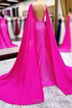 Hot Pink Mermaid Prom Dresses With Wateau Train