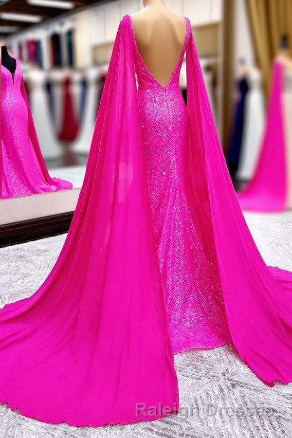 Hot Pink Mermaid Prom Dresses With Wateau Train